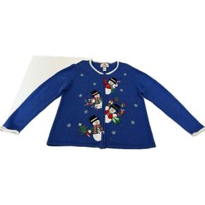 Tiara International UGLY Christmas Sweater M Blue Snowman Beaded Cardigan Zip Up